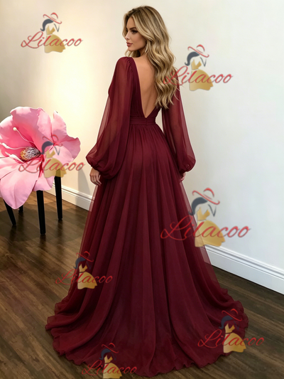 Burgundy Tulle V-neck Long Sleeve Prom Dress
