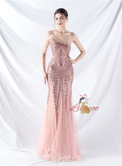 One Shoulder Sequins Beading Prom Dress