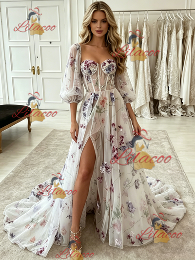 White Tulle Print Puff Sleeve Prom Dress