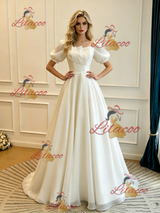White Square Neck Puff Sleeve Wedding Dress