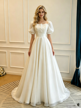 White Square Neck Puff Sleeve Wedding Dress