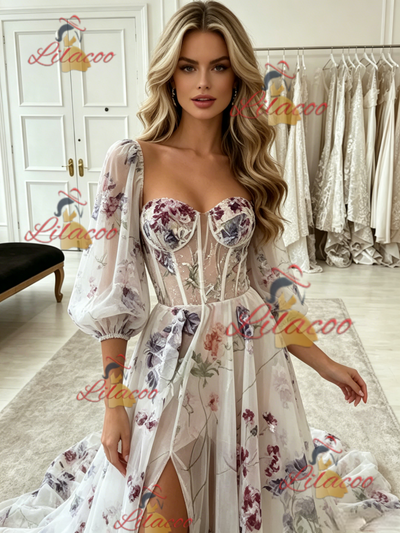 White Tulle Print Puff Sleeve Prom Dress