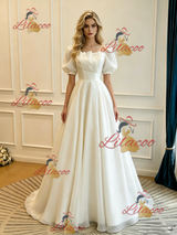 White Square Neck Puff Sleeve Wedding Dress