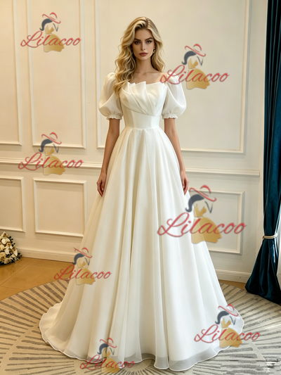 White Square Neck Puff Sleeve Wedding Dress