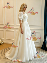 White Square Neck Puff Sleeve Wedding Dress