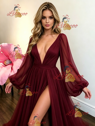 Burgundy Tulle V-neck Long Sleeve Prom Dress