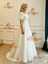 White Square Neck Puff Sleeve Wedding Dress