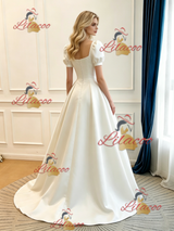Beige White Satin Puff Sleeve Wedding Dress