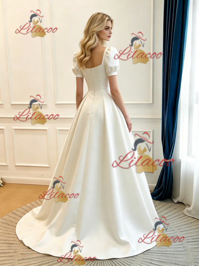 Beige White Satin Puff Sleeve Wedding Dress