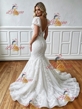 White Mermaid Lace Cap Sleeve V-neck Wedding Dress