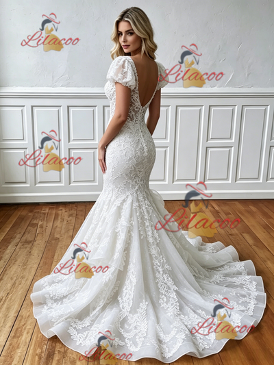 White Mermaid Lace Cap Sleeve V-neck Wedding Dress