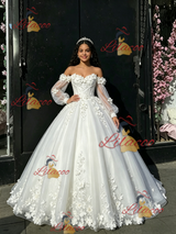 White Tulle Long Sleeve Flower Quinceanera Dress