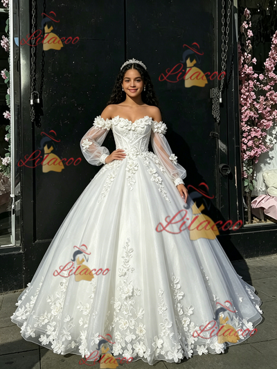 White Tulle Long Sleeve Flower Quinceanera Dress