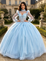 Light Blue Tulle Long Sleeve Appliques Quinceanera Dress