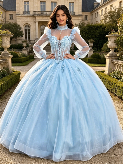 Light Blue Tulle Long Sleeve Appliques Quinceanera Dress