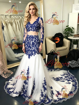 White Mermaid Tulle Blue Appliques Prom Dress