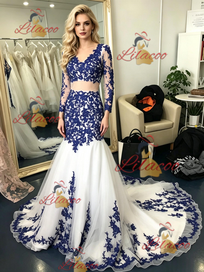 White Mermaid Tulle Blue Appliques Prom Dress