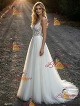 White Tulle Lace V-neck Wedding Dress