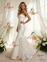 Ivory Mermaid Satin Tulle Flower Wedding Dress