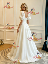 White Square Neck Puff Sleeve Wedding Dress