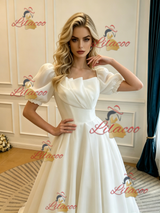 White Square Neck Puff Sleeve Wedding Dress