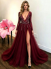 Burgundy Tulle V-neck Beading Prom Dress