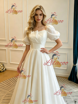 White Square Neck Puff Sleeve Wedding Dress