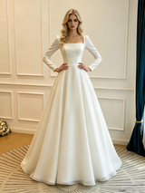 White Satin Square Neck Long Sleeve Wedding Dress