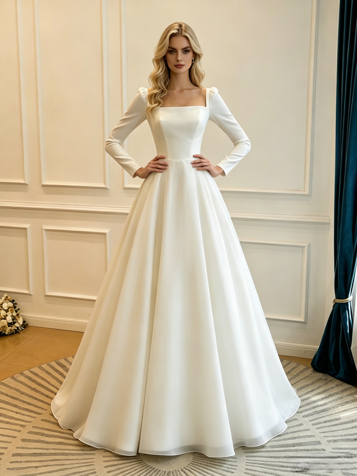 White Satin Square Neck Long Sleeve Wedding Dress