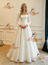 White Satin Square Neck Long Sleeve Wedding Dress