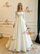 White Satin Square Neck Long Sleeve Wedding Dress