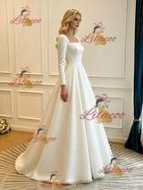 White Satin Square Neck Long Sleeve Wedding Dress