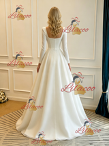 White Satin Square Neck Long Sleeve Wedding Dress