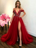 Red Tulle V-neck Sequins Beading Prom Dress
