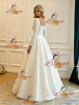 White Satin Square Neck Long Sleeve Wedding Dress