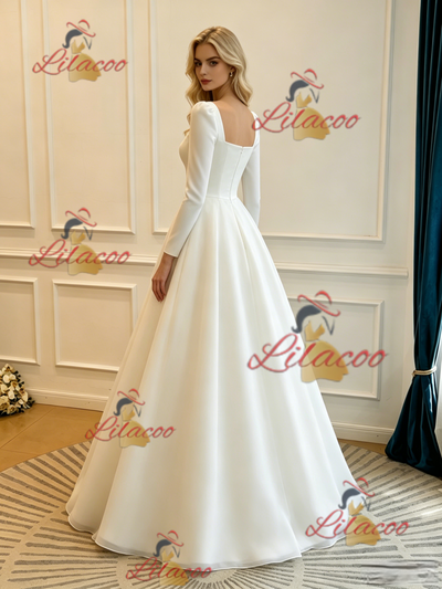 White Satin Square Neck Long Sleeve Wedding Dress