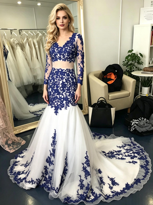 White Mermaid Tulle Blue Appliques Prom Dress