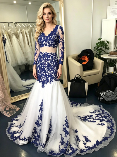 White Mermaid Tulle Blue Appliques Prom Dress