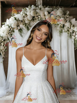 White Sequins Spaghetti Straps Wedding Dress