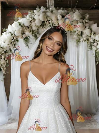 White Sequins Spaghetti Straps Wedding Dress