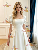 Beige White Satin Puff Sleeve Wedding Dress