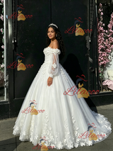White Tulle Long Sleeve Flower Quinceanera Dress