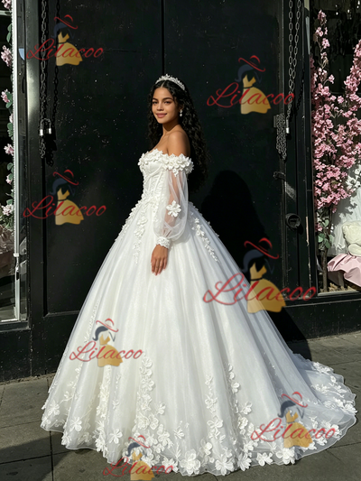 White Tulle Long Sleeve Flower Quinceanera Dress
