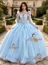 Light Blue Tulle Long Sleeve Appliques Quinceanera Dress