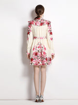 Long-sleeved Vintage Printed V-neck Dress