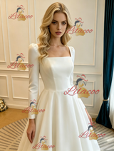 White Satin Square Neck Long Sleeve Wedding Dress