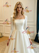 White Satin Square Neck Long Sleeve Wedding Dress