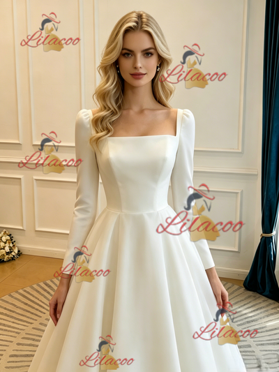 White Satin Square Neck Long Sleeve Wedding Dress