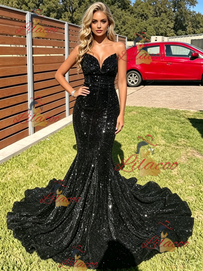 Black Mermaid Sequins Strapless Prom Dress