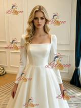 White Satin Square Neck Long Sleeve Wedding Dress